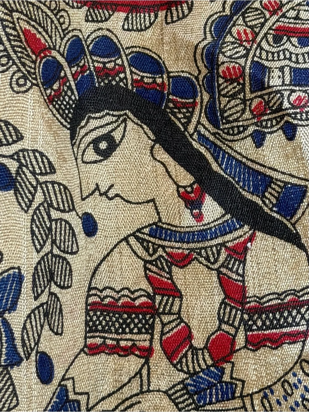 Indian Silk-Style Madhubani Folk Art Scarf Shawl Blue Gold 28x40